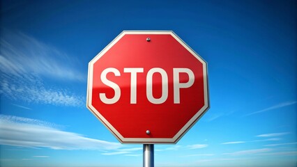 Obraz premium Red stop sign is standing against a blue sky, with white clouds passing by