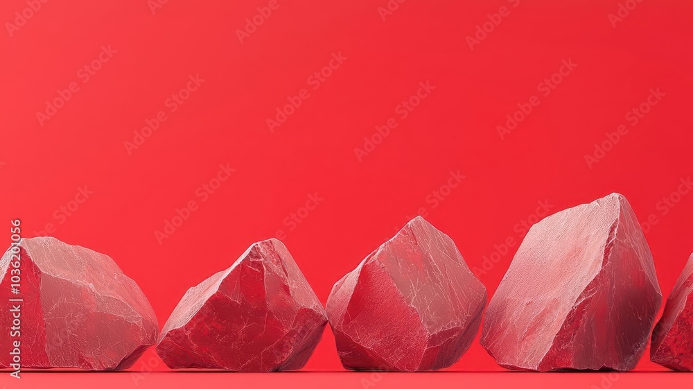 Poster A row of uniquely shaped red rocks against a vibrant red background, showcasing natural textures and colors in a minimalistic style.
