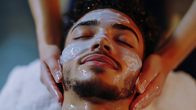 A man is getting a facial treatment with a woman