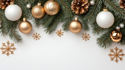 A beautiful flat lay featuring a golden and white background adorned with Christmas decorations, snowflakes, and festive elements