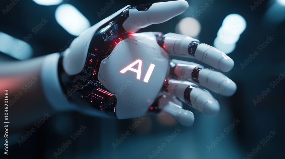 Poster advanced ai technology concept with a robotic hand holding an illuminated ai