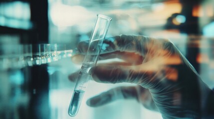 A close-up of a gloved hand holding a test tube in a laboratory setting.