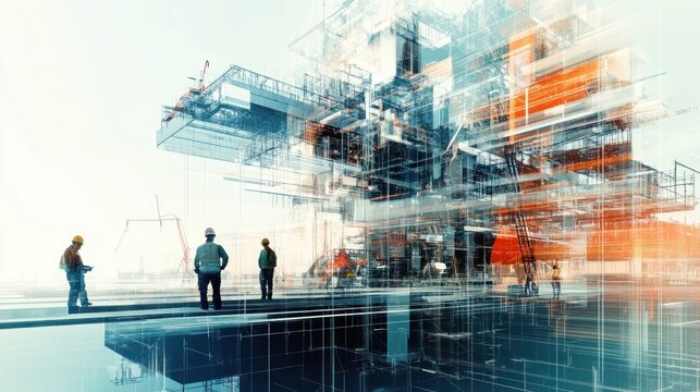 Abstract representation of a construction site with workers and structural elements.
