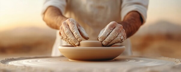 Hands shaping pottery on a wheel. Art and craft concept.