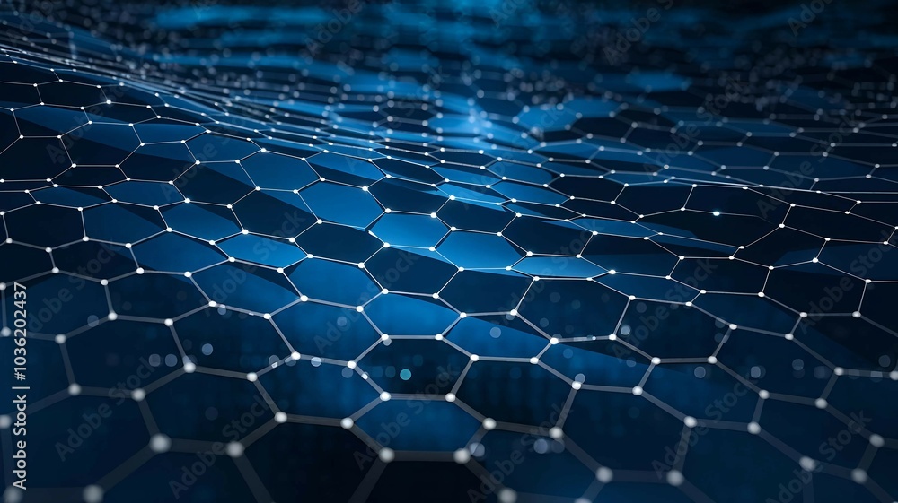 Poster high tech hexagonal grid pattern with blue glowing connections for digital innovation