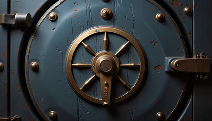 Close-up of an antique safe lock mechanism with a rustic blue background