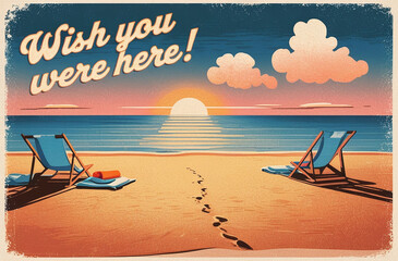 A vintage-style postcard featuring a beach sunset with footprints leading to the horizon and the message "Wish You Were Here."