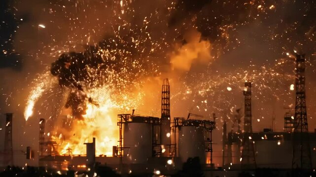 Dramatic explosion at an industrial facility, showcasing chaos, fire, and destruction. A powerful visual of danger and destruction in a modern industrial setting.