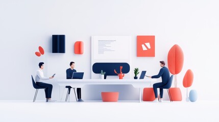 Modern office workplace with minimalist design. White and red office interior with desks and laptops