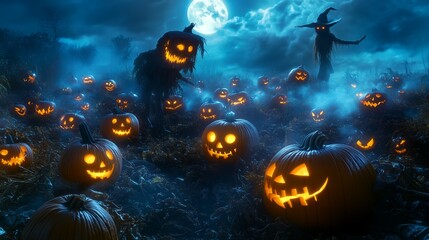 Fototapeta premium Halloween pumpkins and witch on dark forest background. 3D rendering. 