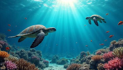 Obraz premium Sea Coral Turtle Underwater World Top view for 3d floors water nature fish sea coral egypt red sea