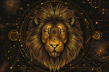 Modern magic witchcraft card with astrology Leo zodiac sign. Realistic hand drawing lion head. Zodiac characteristic