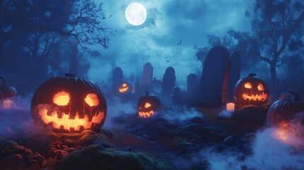 Naklejka premium Halloween pumpkins with scary faces in foggy forest at night. 