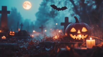 Halloween pumpkins in cemetery at night with full moon and bats.
