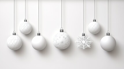 A charming flat lay showcases decorative baubles, snowflakes, and pine branches on a white surface, perfect for holiday designs