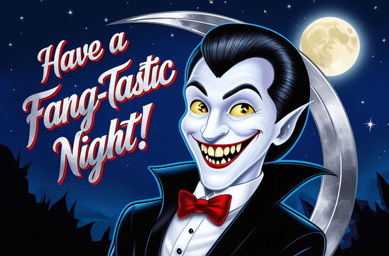An illustration of a grinning vampire in a classic tuxedo with the phrase "Have a Fang-Tastic Night!" displayed on a dark night with a full moon