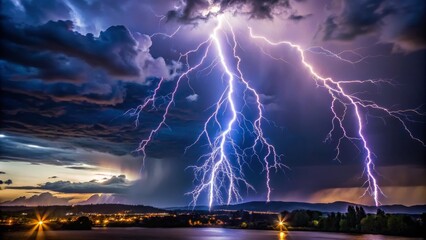Multiple lightning strikes illuminating a stormy sky at night over a small town