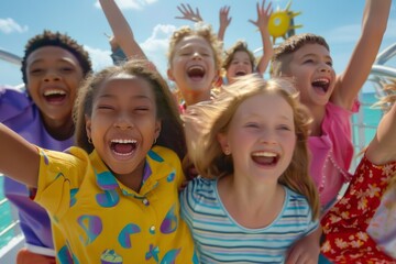 Group of happy kids having fun on a cruise ship at the sea