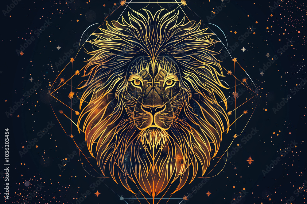 Wall mural modern magic witchcraft card with astrology leo zodiac sign. realistic hand drawing lion head. zodia