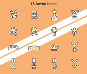 Set of 16 award icons representing medals trophies and achievement symbols.