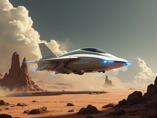 Futuristic Spaceship Flying Over Desert Landscape - Sci-Fi Concept Art Illustration
