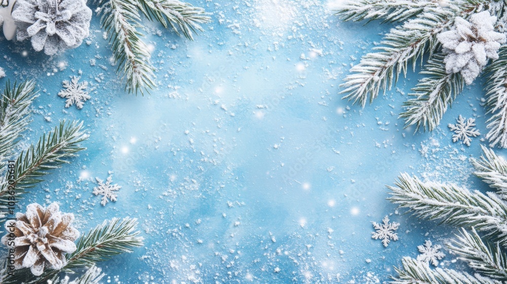 Leinwandbilder The image features pine branches covered in a layer of snow, arranged around a blue background with delicate snowflakes scattered across the surface.