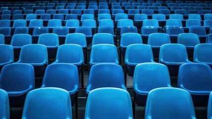 Fototapeta premium A view of blue plastic seats arranged in rows, likely in a stadium or auditorium.