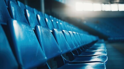 Fototapeta premium A row of blue stadium seats, suggesting a space for spectators in a sports venue.