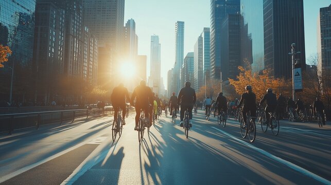 A bustling city scene with cyclists commuting along a dedicated bike lane, surrounded by skyscrapers and morning sunlight, promoting eco-friendly and healthy urban transportation