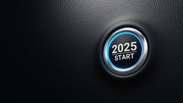 2025 start push button. Planning, start, vision, career path, business strategy, opportunity and change concept. 2025 start modern car button with blue shine. 4K 3D loop animation