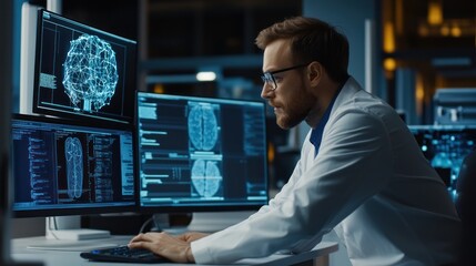 A scientist analyzing brain data on multiple screens in a modern lab setting.