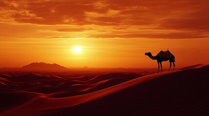 Camel silhouette against a stunning sunset in sandy desert landscape.
