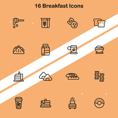 Set of 16 breakfast icons representing breakfast foods and morning meals.