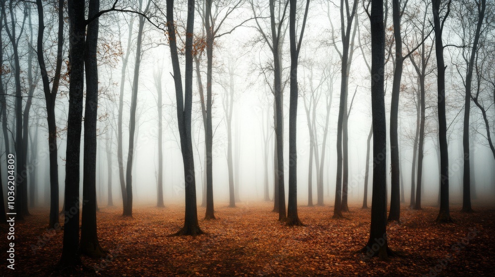 Poster A tranquil forest is enveloped in dense mist, creating an ethereal atmosphere.