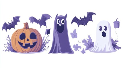 A colorful Halloween-themed illustration featuring a pumpkin, ghosts, and bats.