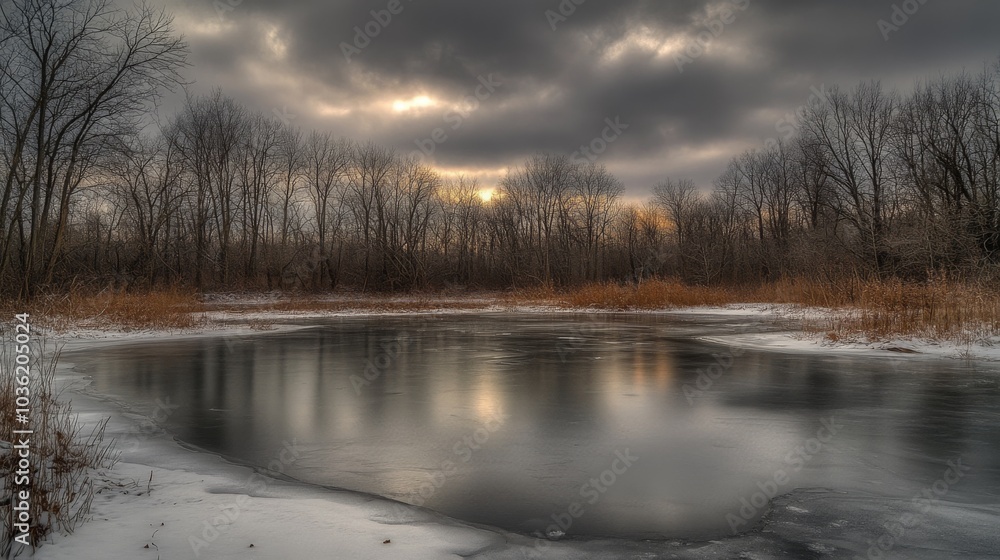 Poster a serene winter scene captures a partially frozen pond reflecting the moody sky above.