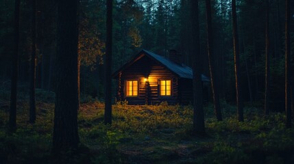 A cozy cabin illuminated at dusk, surrounded by tall trees in a tranquil forest setting.