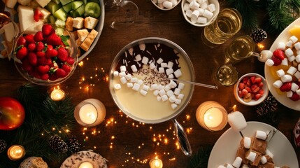 A festive dessert fondue spread with an assortment of fruits, marshmallows, and cake cubes