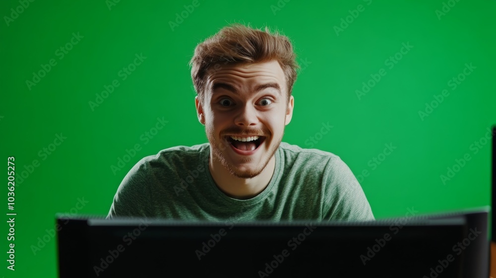 Poster a cheerful face illuminated by a computer screen shopping online.