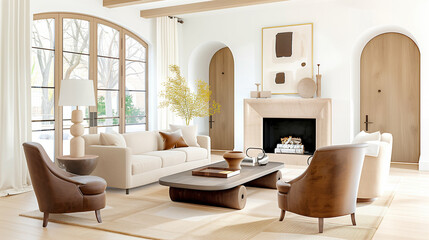 Fototapeta premium Living room furniture with modern decor in stylish interior design featuring cozy seating and elegant accessories