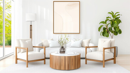 Living room furniture with modern decor in bright home interior featuring stylish chairs and a round coffee table