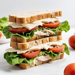 Simple turkey sandwich with lettuce, tomato, and mayo on white bread and white background