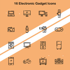 Set of 16 electronic gadget icons representing various tech devices and modern tools.