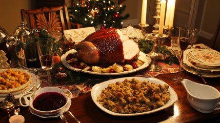 Fototapeta premium A festive holiday feast showcasing roast turkey, glazed ham, and savory stuffing