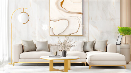 Sofa in modern living room with stylish decor and elegant natural light