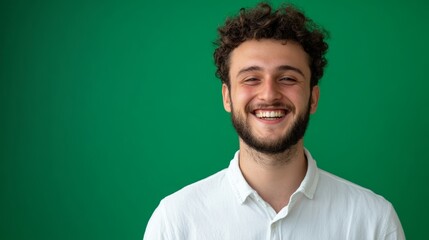 A cheerful expression radiating positivity against green hues.