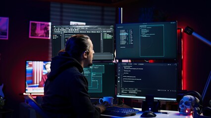 Hacker in secret hideout typing on keyboard, trying to hide online activity after stealing data....