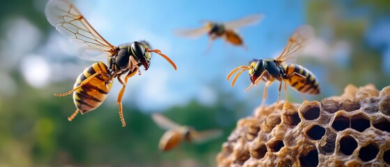 Wasps in flight, close-up hive view, vibrant nature scene, buzzing insects, detailed focus, dynamic summer atmosphere