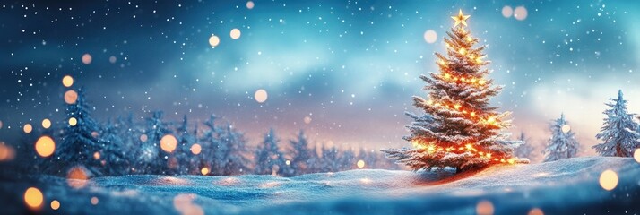 Naklejka premium Christmas Winter background with Christmas tree in snow and magic bokeh lights - xmas panorama, banner , header with copy space - Winter Landscape abstract, ai