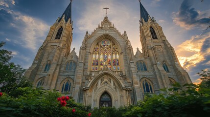 Obraz premium A beautiful Christian basilica with detailed stonework, towering steeples, and glowing stained glass windows, radiating grace and reverence